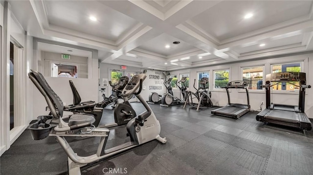 workout area with coffered ceiling and recessed lighting