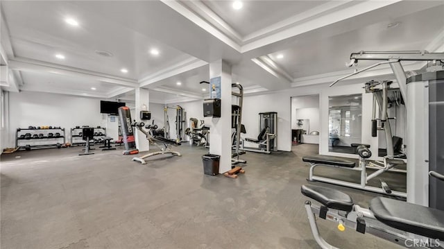 6435 Green Valley Cir Unit 214, Culver City, CA 90230 - exercise room featuring recessed lighting, coffered ceiling, ornamental molding, and beam ceiling