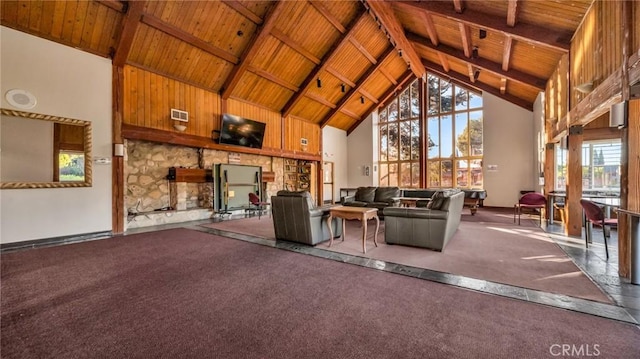 unfurnished living room featuring high vaulted ceiling, wood ceiling, and beam ceiling