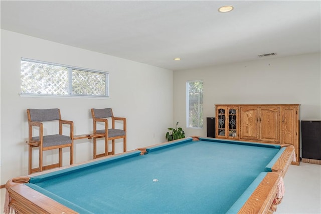 playroom featuring billiards, visible vents, and recessed lighting