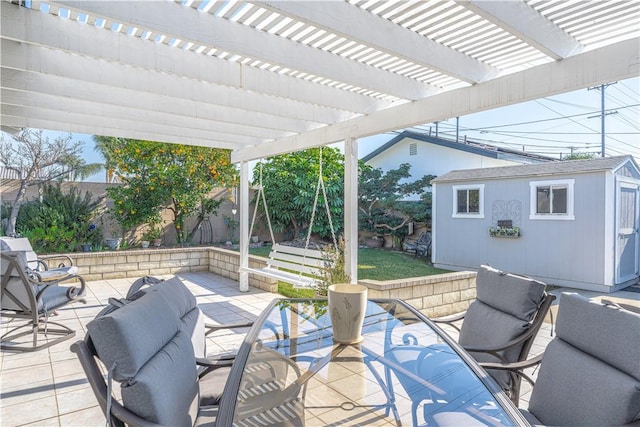 view of patio featuring a shed, an outdoor structure, and a pergola