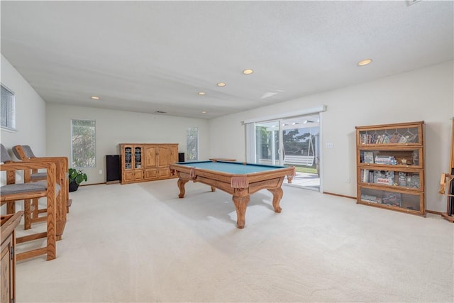 game room with recessed lighting, light carpet, and billiards