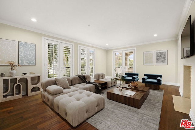 living room featuring crown molding and dark wood-type flooring