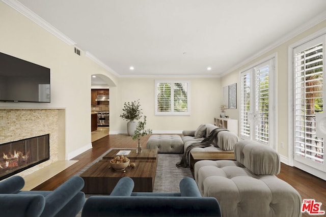 living room featuring a stone fireplace, crown molding, and dark wood-type flooring