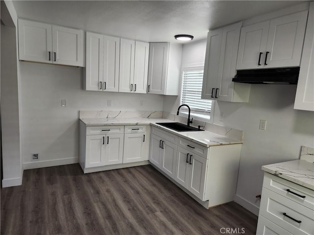 kitchen with white cabinets, dark hardwood / wood-style flooring, light stone counters, and sink