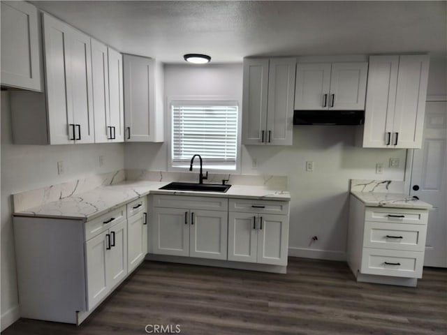 kitchen with light stone counters, white cabinetry, dark wood-type flooring, and sink