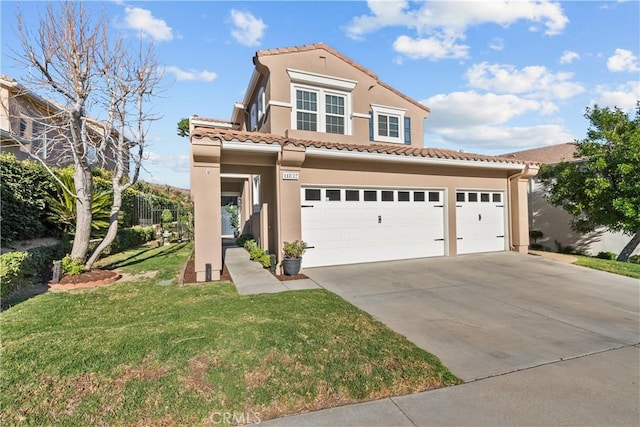 mediterranean / spanish-style house with a tile roof, stucco siding, concrete driveway, a front yard, and a garage