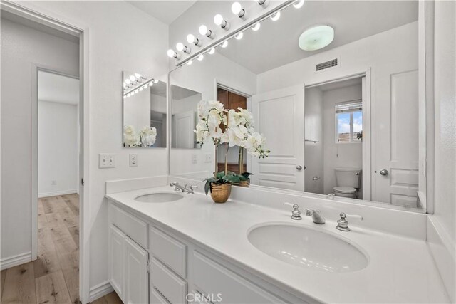 bathroom featuring vanity, wood-type flooring, and toilet