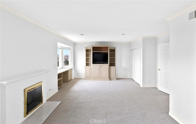 unfurnished living room featuring light carpet and ornamental molding