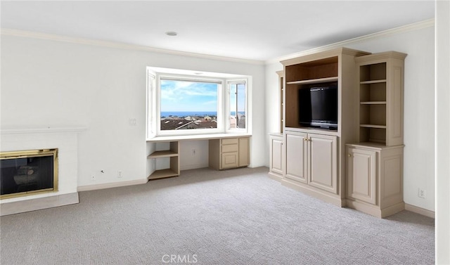 unfurnished living room featuring light colored carpet and crown molding