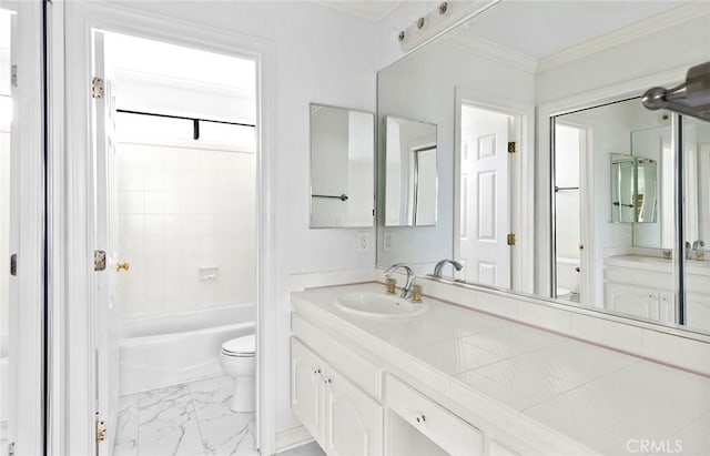 full bathroom with vanity,  shower combination, toilet, and ornamental molding