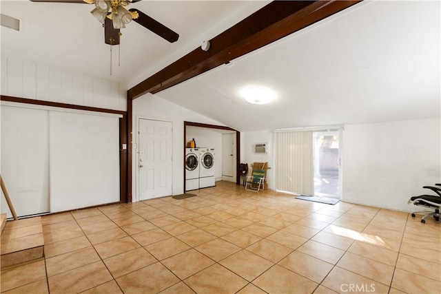 interior space with washing machine and dryer, ceiling fan, and vaulted ceiling with beams