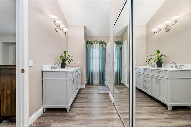 bathroom featuring vanity and hardwood / wood-style flooring