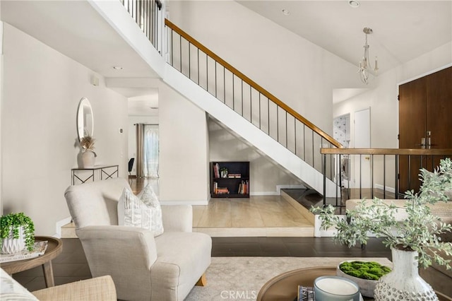 living room featuring a chandelier