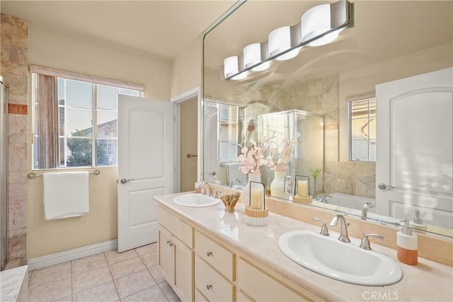 bathroom featuring tile patterned flooring, vanity, and independent shower and bath