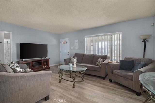 living room with a textured ceiling and light hardwood / wood-style flooring