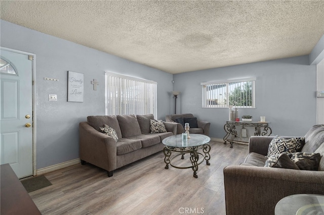 living room featuring a textured ceiling and light hardwood / wood-style flooring