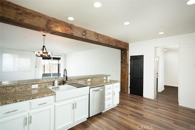 kitchen featuring white cabinets, decorative light fixtures, sink, stainless steel dishwasher, and stone counters