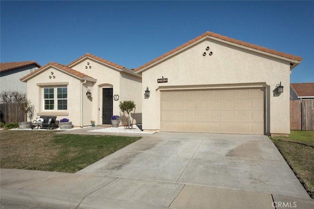 mediterranean / spanish-style home with a front yard and a garage