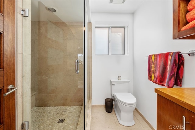 full bath with a shower stall, toilet, and baseboards