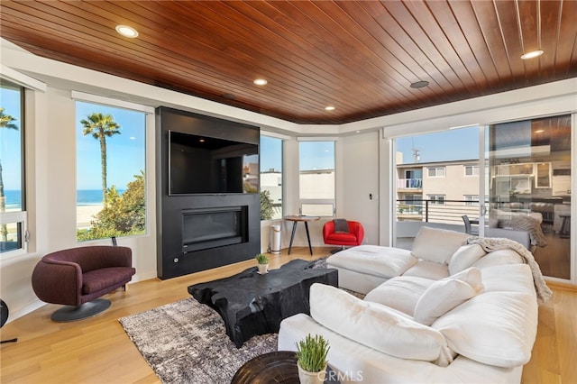 living area with wooden ceiling, a healthy amount of sunlight, wood finished floors, and a fireplace