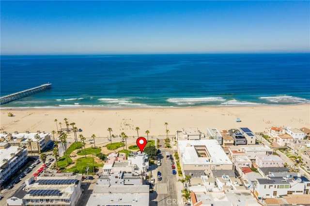 bird's eye view with a water view and a view of the beach