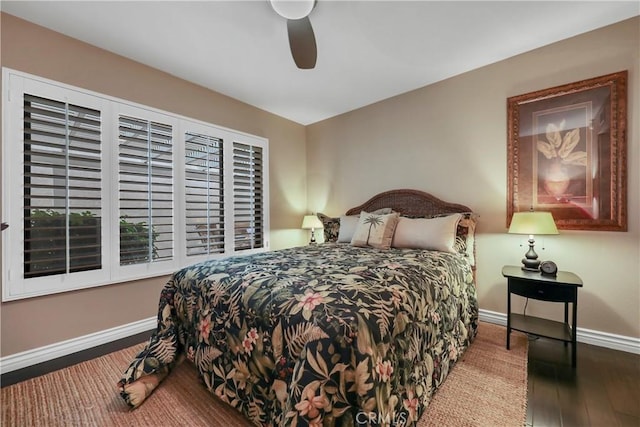 bedroom with ceiling fan and light hardwood / wood-style floors