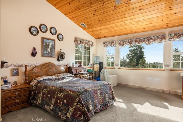 carpeted bedroom with vaulted ceiling, wood ceiling, and multiple windows