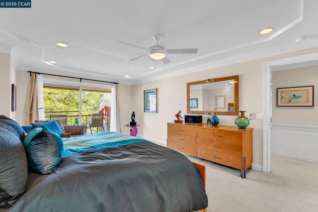 bedroom with access to exterior, light colored carpet, and ceiling fan