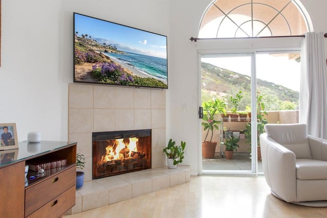 living room featuring a tiled fireplace