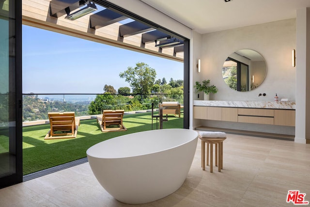 interior space featuring vanity, a bath, and a wealth of natural light