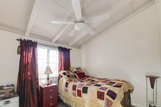 bedroom featuring vaulted ceiling with beams and ceiling fan