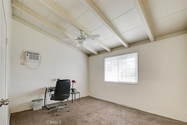 carpeted office space featuring a wall mounted air conditioner, vaulted ceiling with beams, and ceiling fan