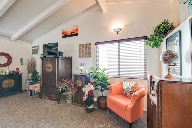 sitting room with carpet flooring and lofted ceiling with beams