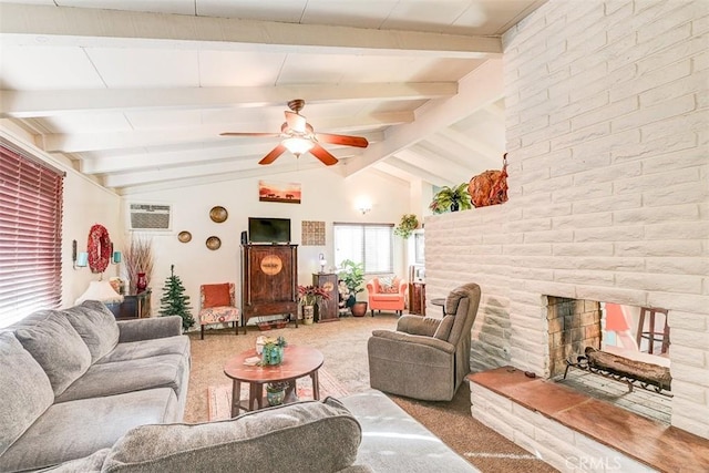 living room with carpet flooring, vaulted ceiling with beams, ceiling fan, and a multi sided fireplace