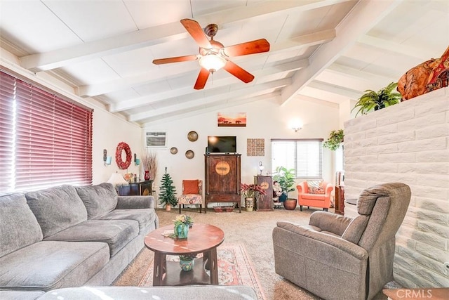 living room with ceiling fan, carpet floors, and lofted ceiling with beams