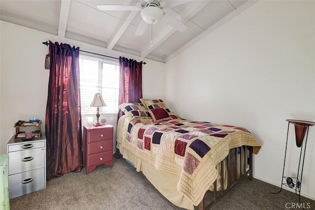 bedroom with lofted ceiling with beams, ceiling fan, and dark carpet