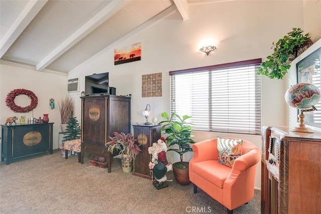 interior space featuring beam ceiling and high vaulted ceiling