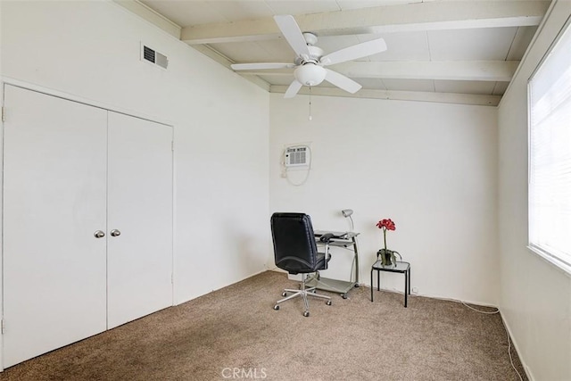 carpeted home office with lofted ceiling with beams and ceiling fan