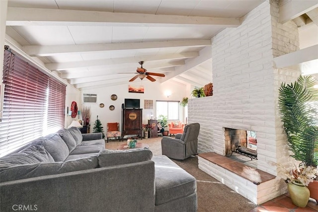 living room featuring ceiling fan, lofted ceiling with beams, carpet floors, and an AC wall unit