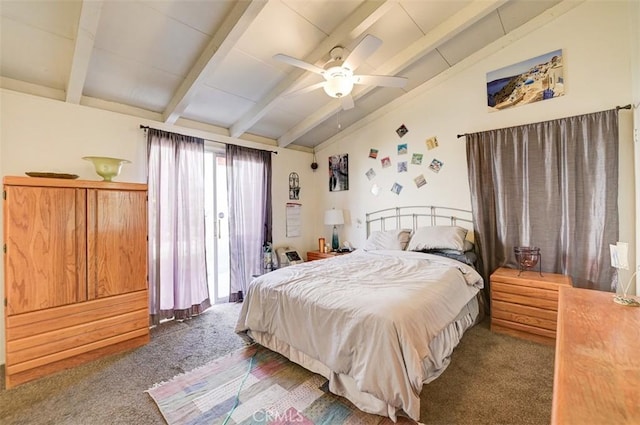 bedroom with dark colored carpet, lofted ceiling with beams, and ceiling fan