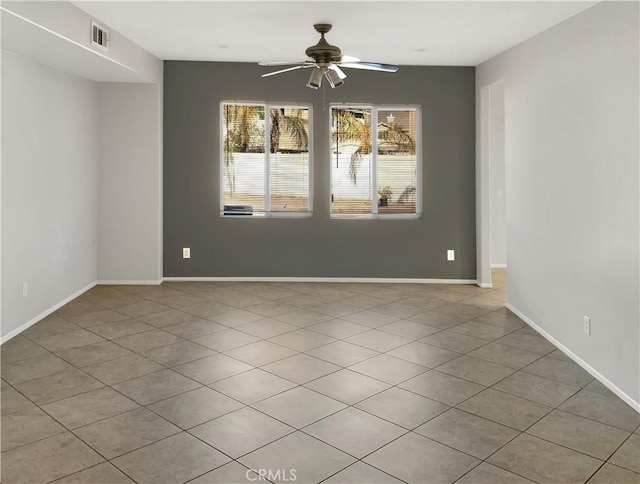 unfurnished room featuring ceiling fan, visible vents, and baseboards