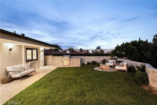 view of yard with a patio area and an outdoor kitchen