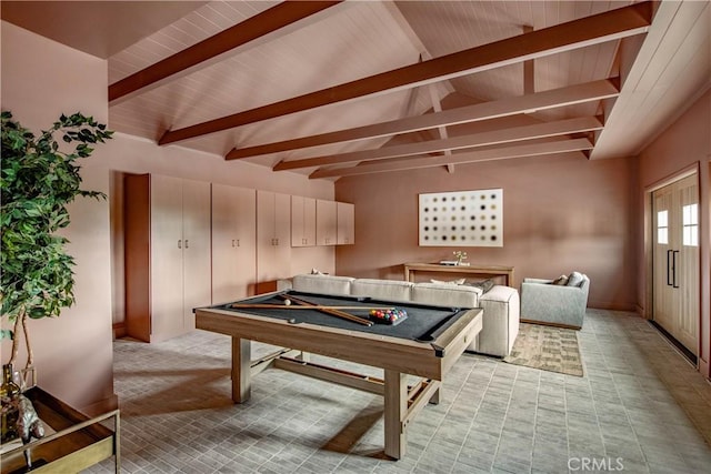 game room with high vaulted ceiling, beam ceiling, and billiards