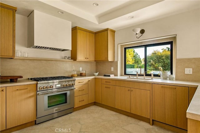 kitchen with high end stove, backsplash, sink, and a tray ceiling