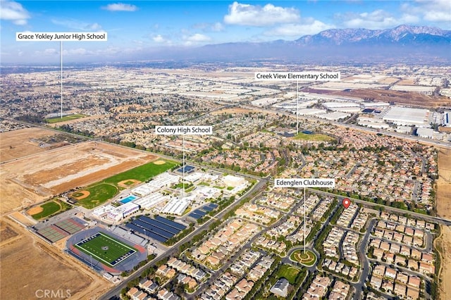 birds eye view of property featuring a mountain view