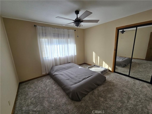 carpeted bedroom featuring ceiling fan and a closet