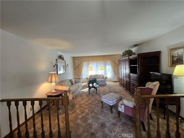 living room featuring dark carpet