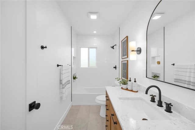 full bathroom with tub / shower combination, tile patterned flooring, vanity, and toilet