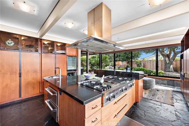 kitchen featuring sink, island range hood, stainless steel gas stovetop, and an island with sink